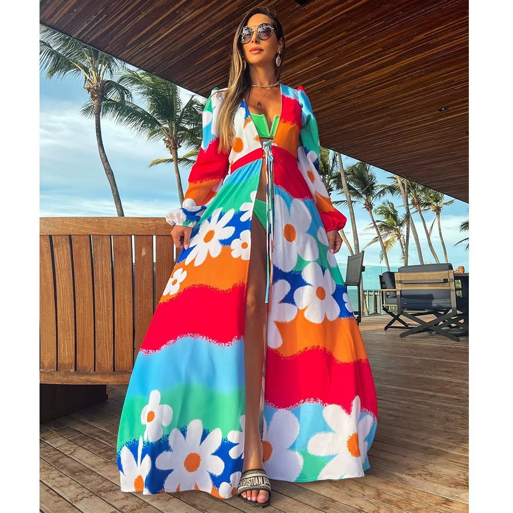 Leaves Print Bikini Beach Cover up Tunics for Beach Long Kaftan Bikini Cover up Robe De Plage Sarong Beach Swimsuit Cover-Ups