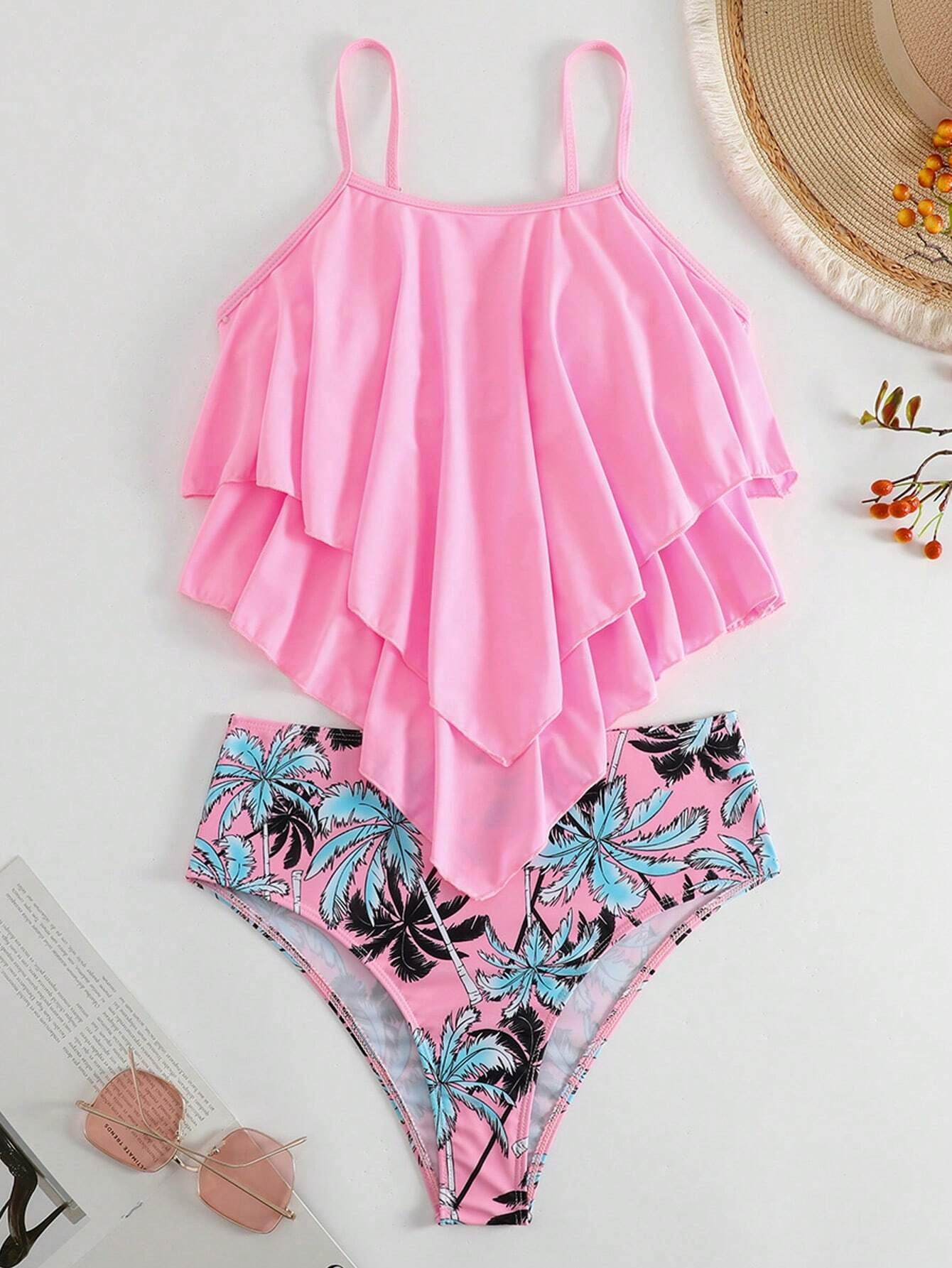 Swim Lushoire Summer Beach Tropical Print Hanky Hem Tankini