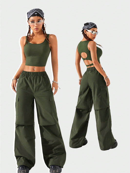 Coolane 2Pcs/Set Women Summer Fashion Streetwear Hollow Back Tank Top and Parachute Cargo Pants,Summer Sets,Back to School Clothes