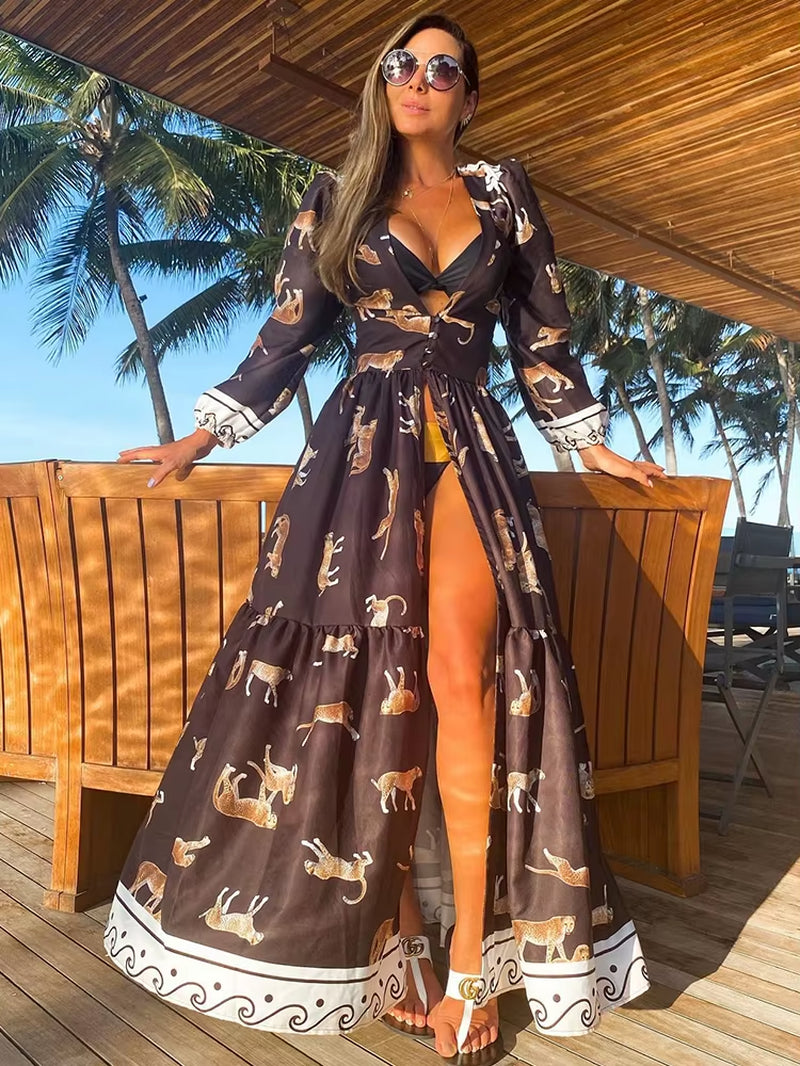 Leaves Print Bikini Beach Cover up Tunics for Beach Long Kaftan Bikini Cover up Robe De Plage Sarong Beach Swimsuit Cover-Ups