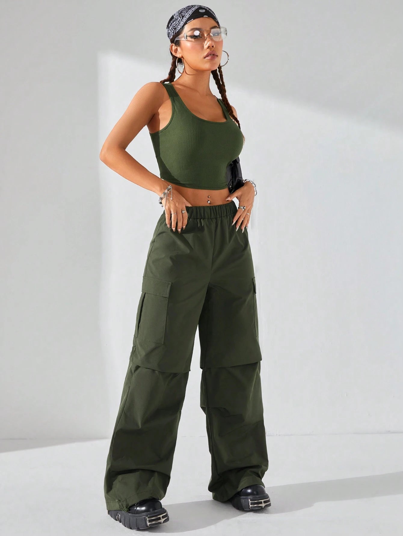 Coolane 2Pcs/Set Women Summer Fashion Streetwear Hollow Back Tank Top and Parachute Cargo Pants,Summer Sets,Back to School Clothes