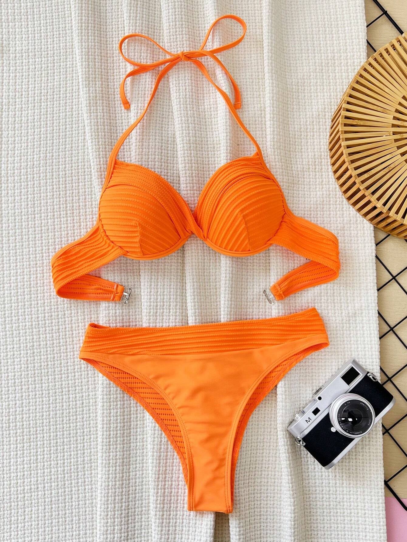 Swim Holiday Solid Texture Separates Bikini Set with PUSH up and Underwire, Summer Beach