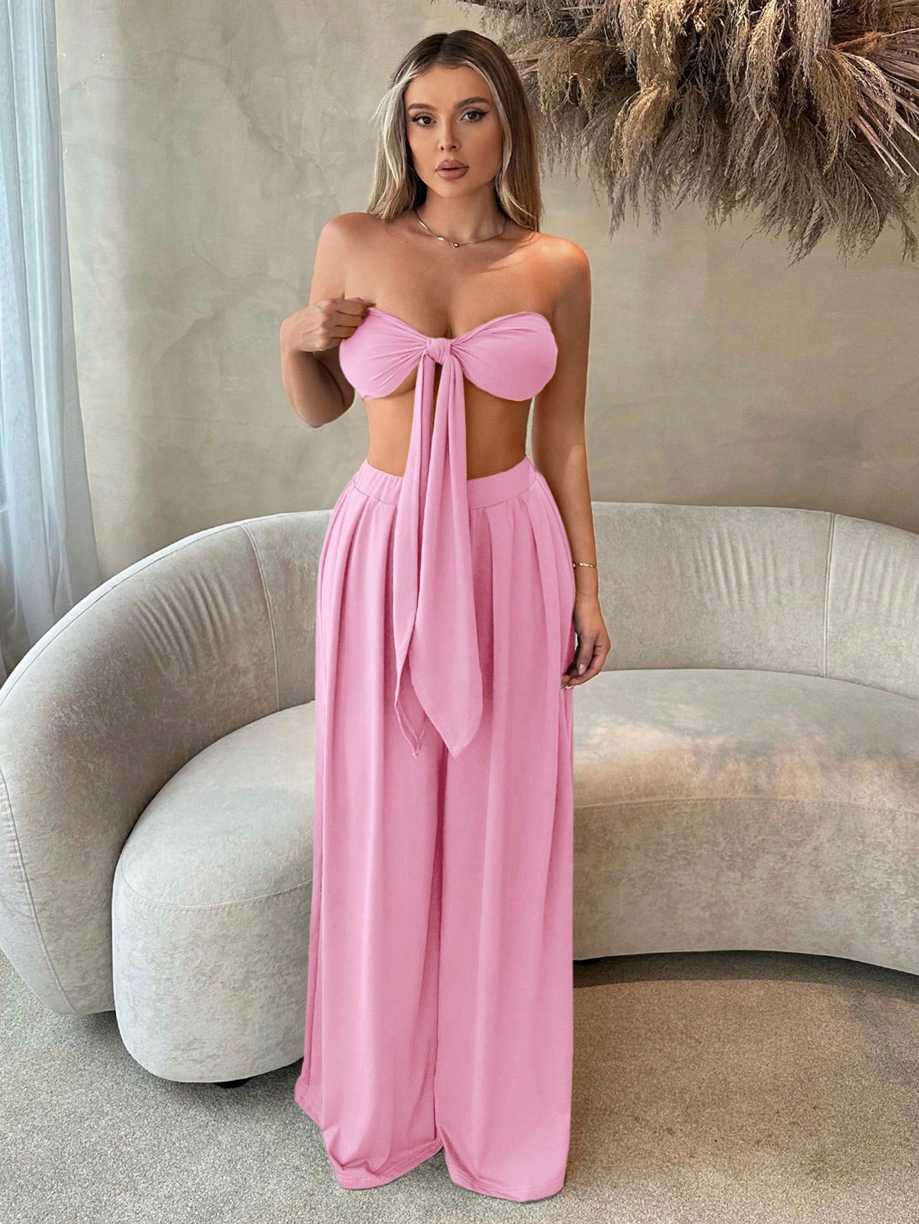 SXY Women'S Front Knot Strapless Top and Pants Two Piece Set Spring Summer Women Clothes Bachelorette Party Spring Break Birthday Outfit Valentine Day Sexy Outfits