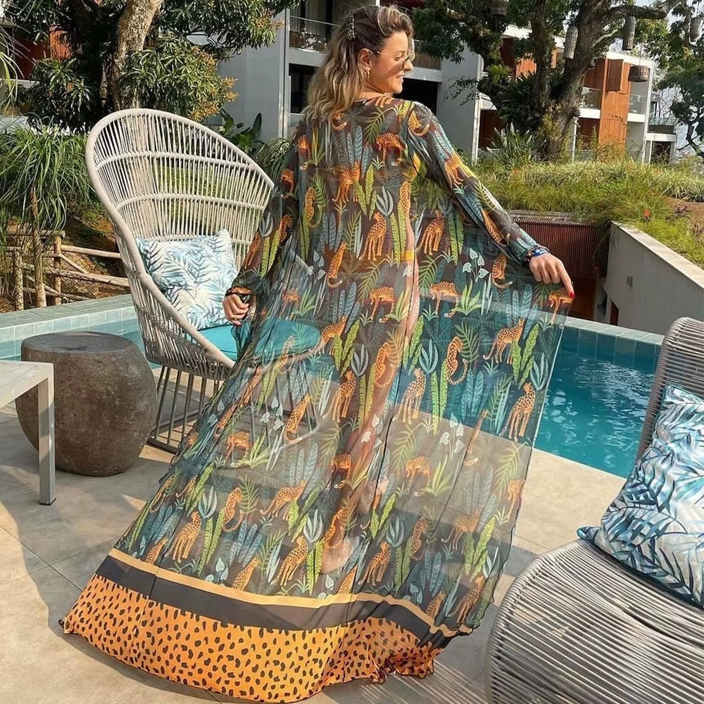 Leaves Print Bikini Beach Cover up Tunics for Beach Long Kaftan Bikini Cover up Robe De Plage Sarong Beach Swimsuit Cover-Ups