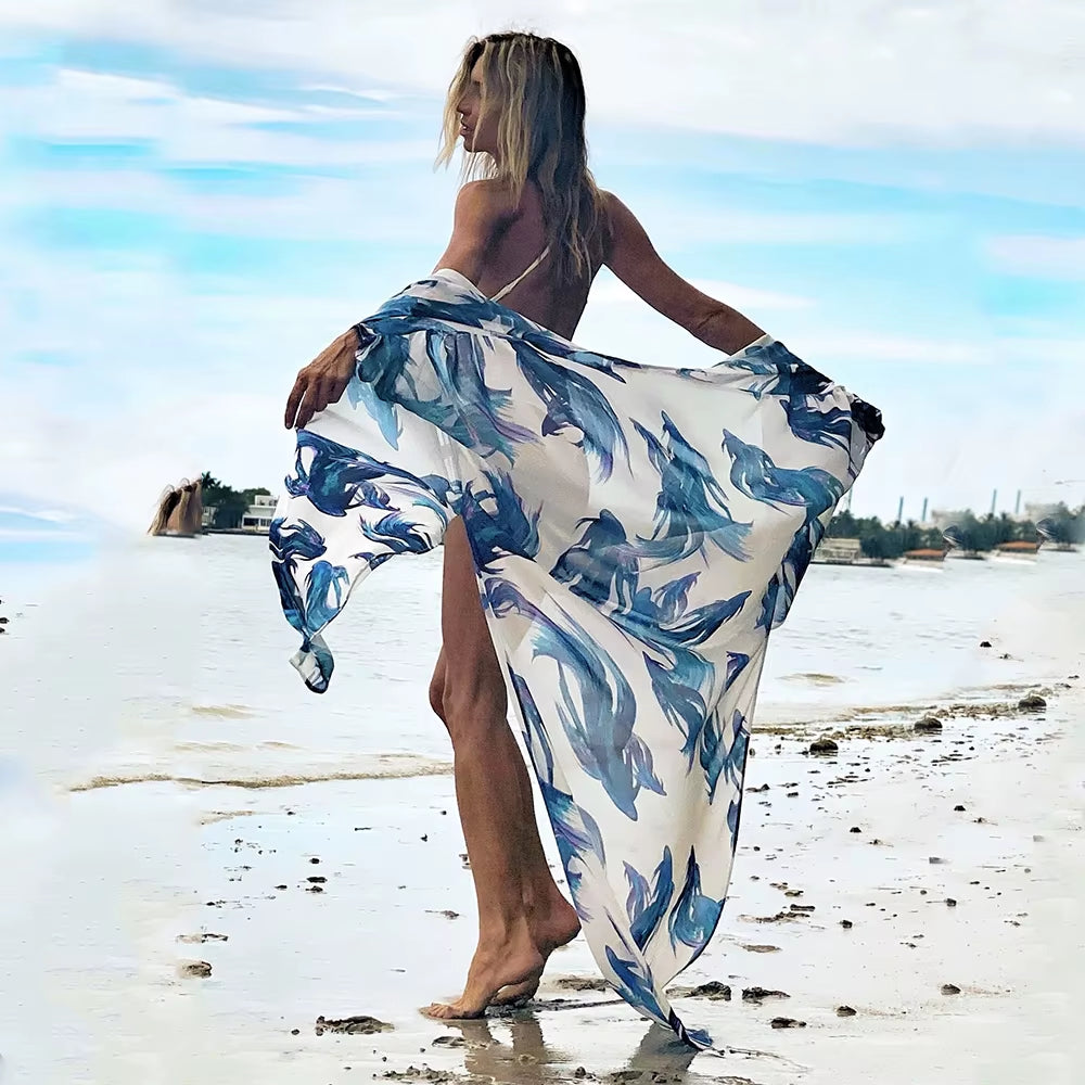 Leaves Print Bikini Beach Cover up Tunics for Beach Long Kaftan Bikini Cover up Robe De Plage Sarong Beach Swimsuit Cover-Ups