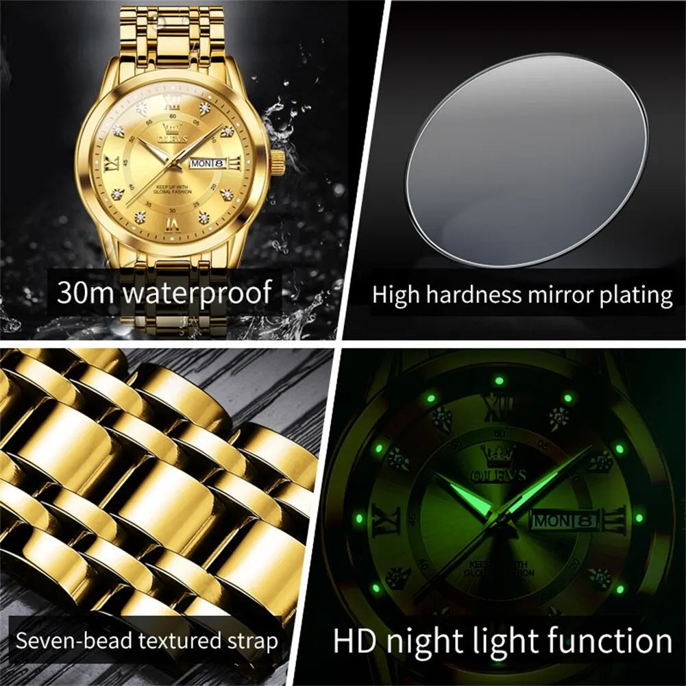 Quartz Watch for Men Luxury Diamonds Gold Watch Waterproof Luminous Stainless Steel Business Men'S Quartz Watch Mens Watch