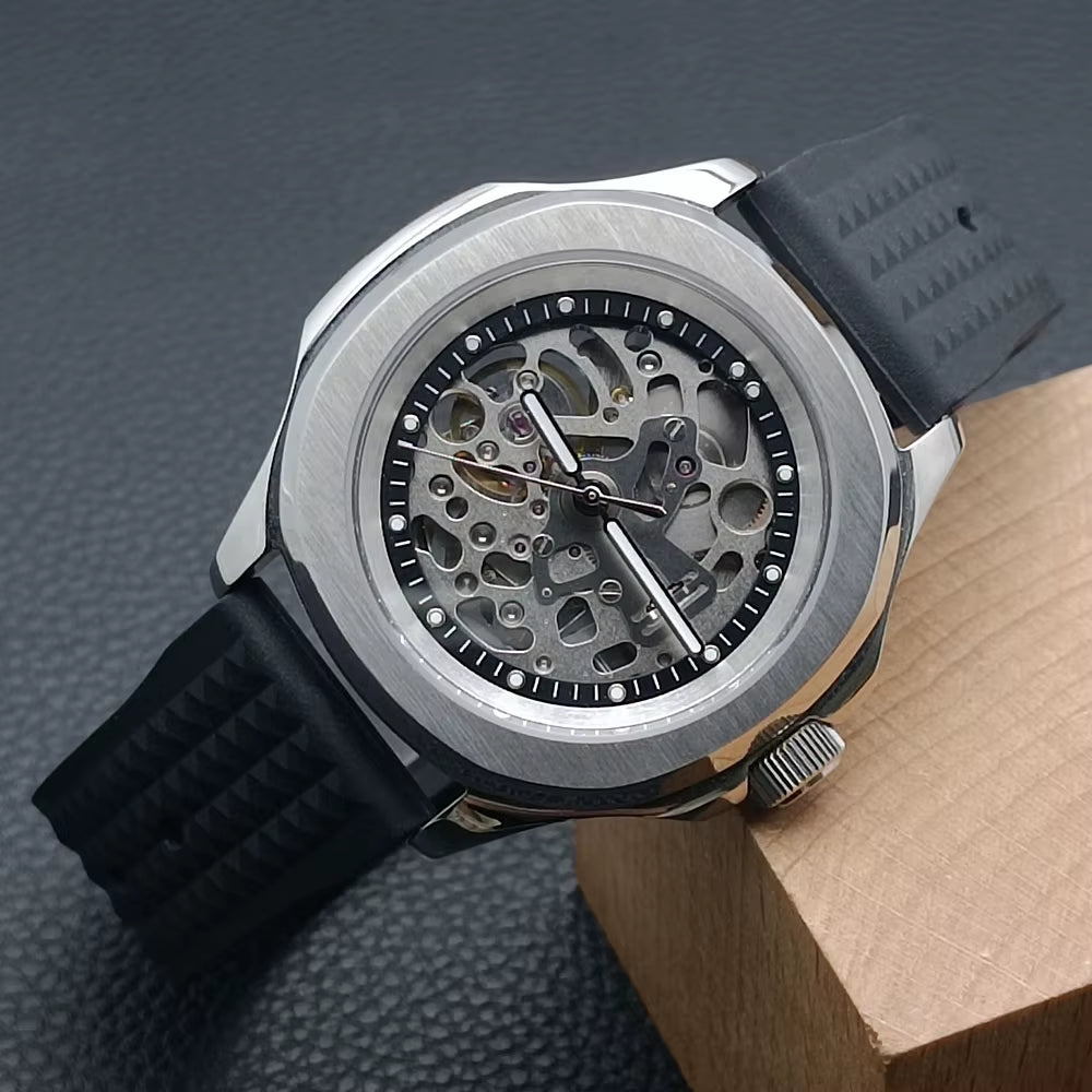 39.5Mm Black Automatic Mechanical Hollow Out Watch 904L Stainless Steel Watch Sapphire Glass Watch Waterproof Watch Nh70Movement