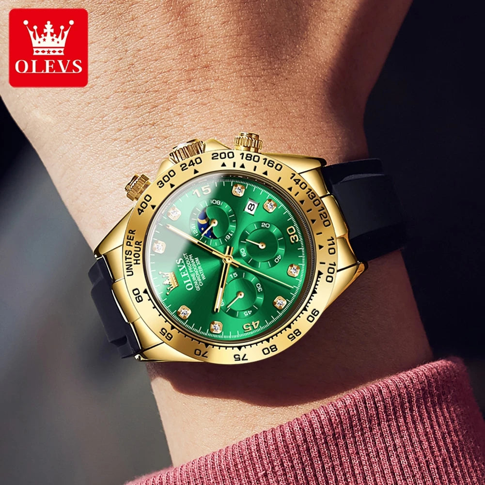 Men'S Watch Classic Lunar Phase Silicone Diamond Waterproof Luminous Quartz Watch Fashion Timing Code Watch Men'S Watch