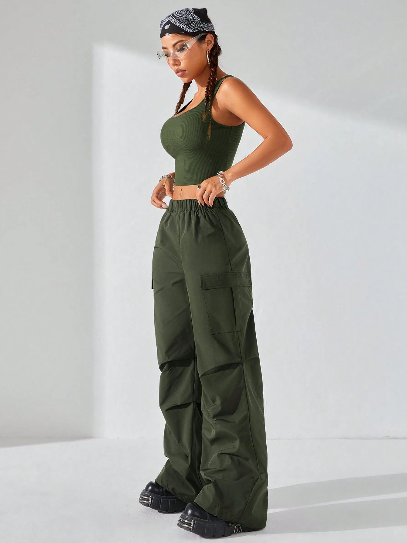 Coolane 2Pcs/Set Women Summer Fashion Streetwear Hollow Back Tank Top and Parachute Cargo Pants,Summer Sets,Back to School Clothes