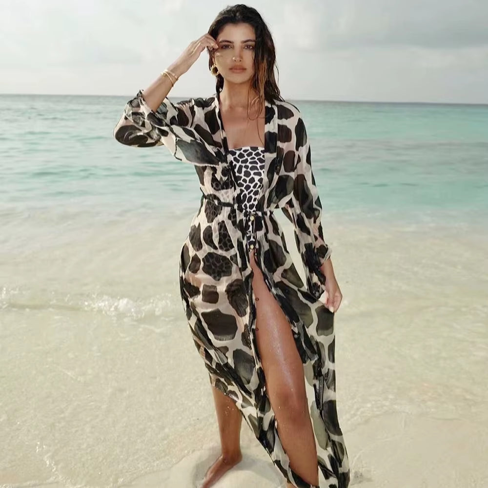 Leaves Print Bikini Beach Cover up Tunics for Beach Long Kaftan Bikini Cover up Robe De Plage Sarong Beach Swimsuit Cover-Ups