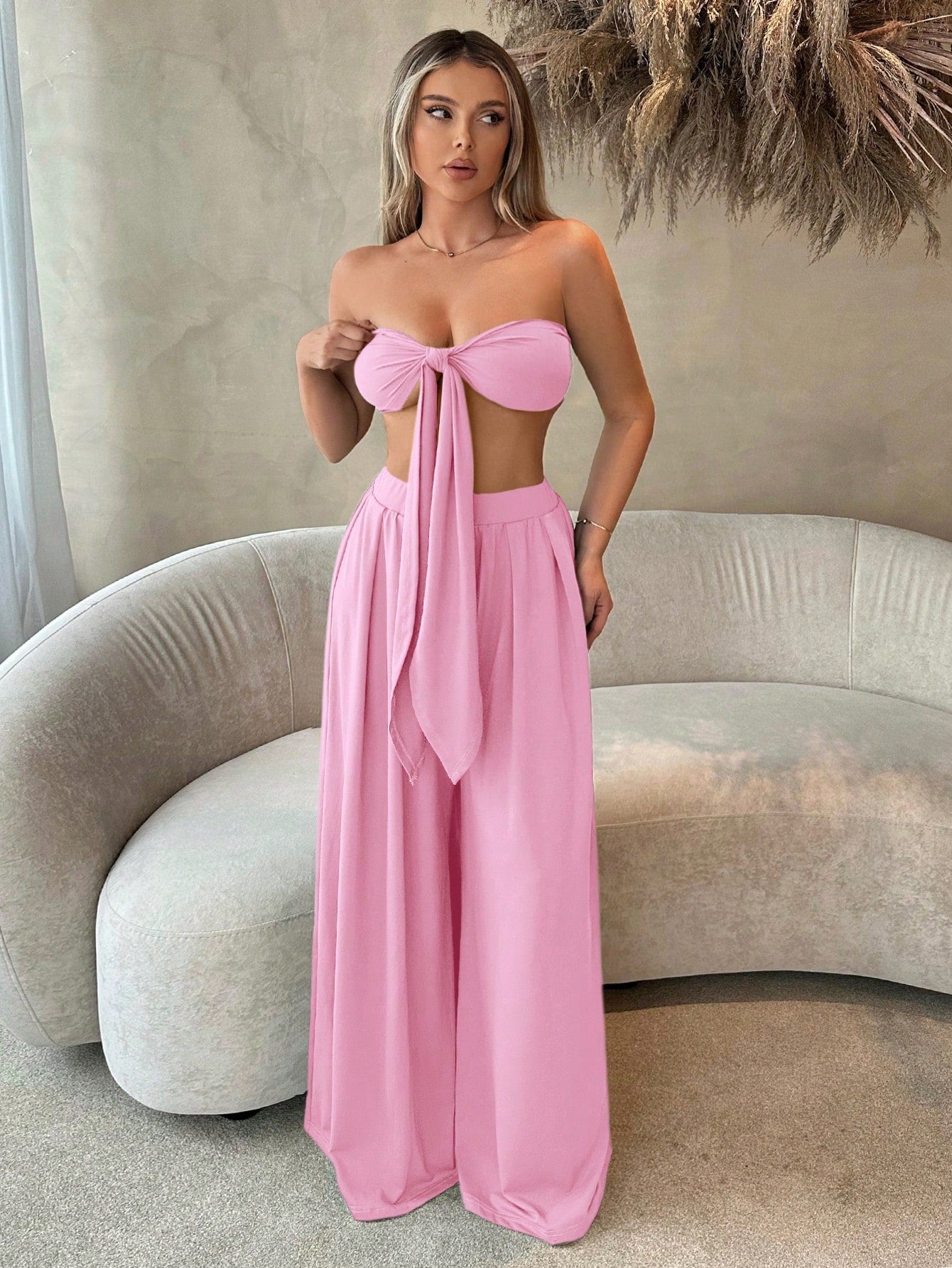 SXY Women'S Front Knot Strapless Top and Pants Two Piece Set Spring Summer Women Clothes Bachelorette Party Spring Break Birthday Outfit Valentine Day Sexy Outfits