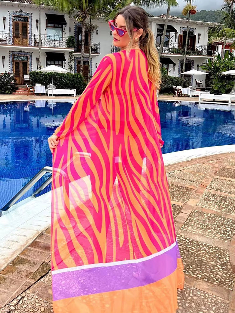 Leaves Print Bikini Beach Cover up Tunics for Beach Long Kaftan Bikini Cover up Robe De Plage Sarong Beach Swimsuit Cover-Ups