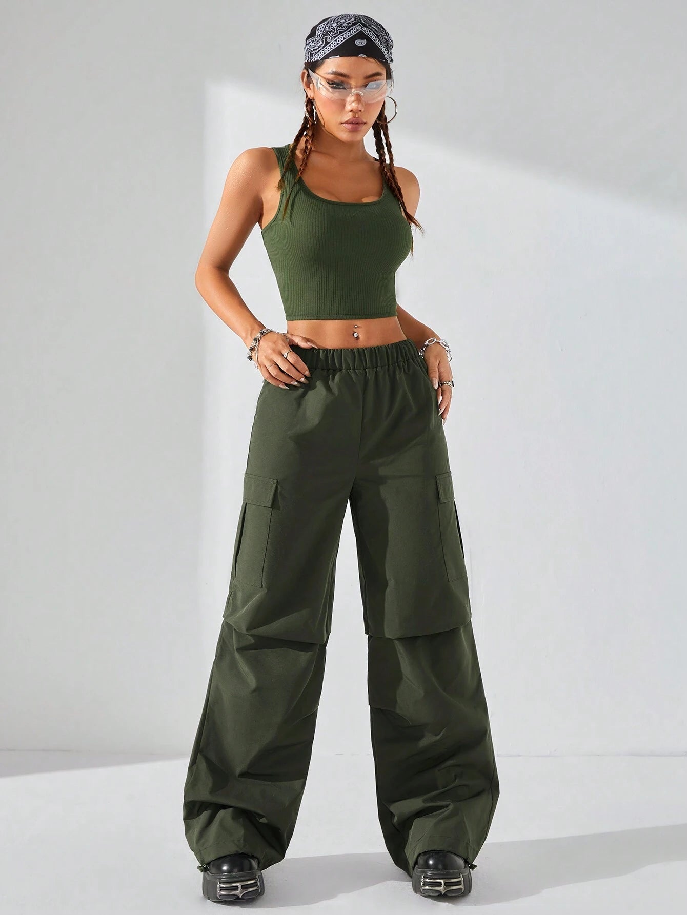 Coolane 2Pcs/Set Women Summer Fashion Streetwear Hollow Back Tank Top and Parachute Cargo Pants,Summer Sets,Back to School Clothes