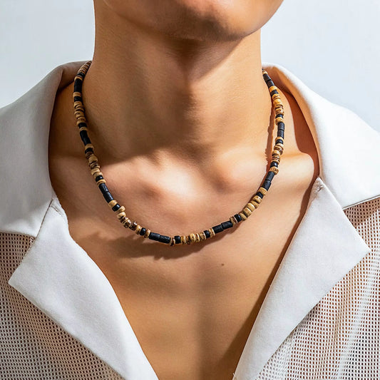 Bohemian Style Wood Beads Necklace for Men Summer Necklaces for Beach Jewely Gifts for Boys Brown Collarbone Chain 2024