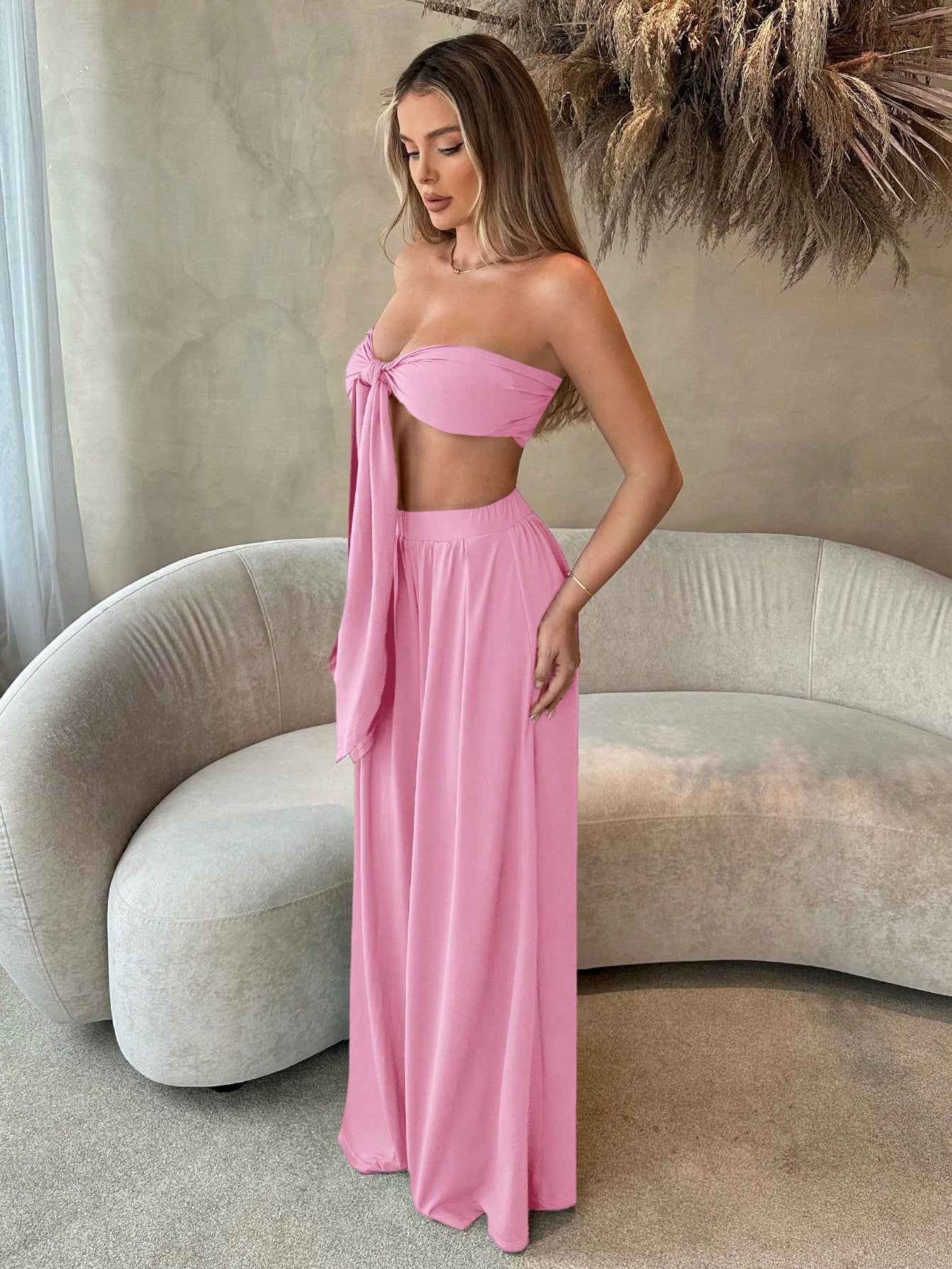 SXY Women'S Front Knot Strapless Top and Pants Two Piece Set Spring Summer Women Clothes Bachelorette Party Spring Break Birthday Outfit Valentine Day Sexy Outfits