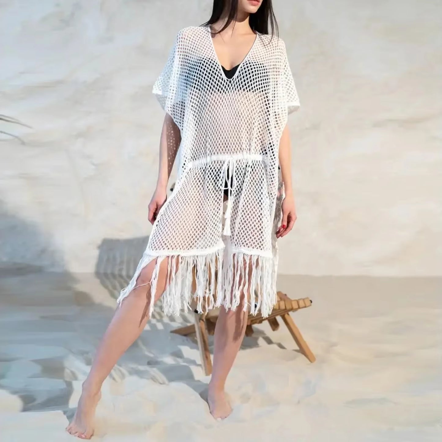 Women Bikini Beach Dress with Tassels Crochet Swimsuit Cover Ups Bathing Suit Hollow Out Beachwear Ladies Short Sleeves Skirts