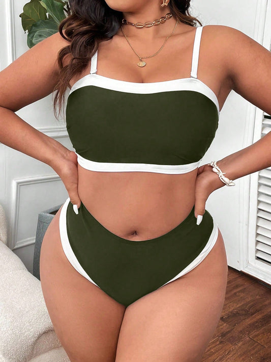 Swim Curve plus Size Contrast Binding Bikini Set Summer Beach