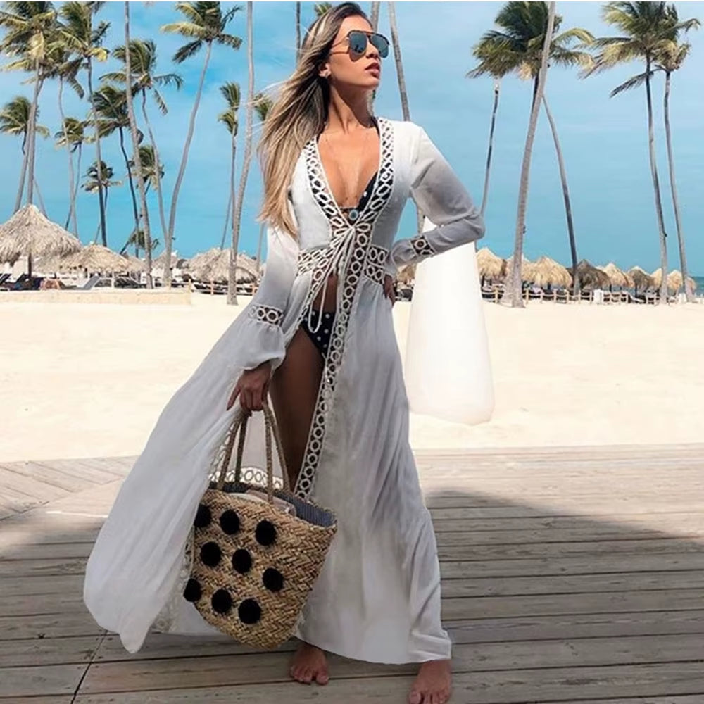 Leaves Print Bikini Beach Cover up Tunics for Beach Long Kaftan Bikini Cover up Robe De Plage Sarong Beach Swimsuit Cover-Ups