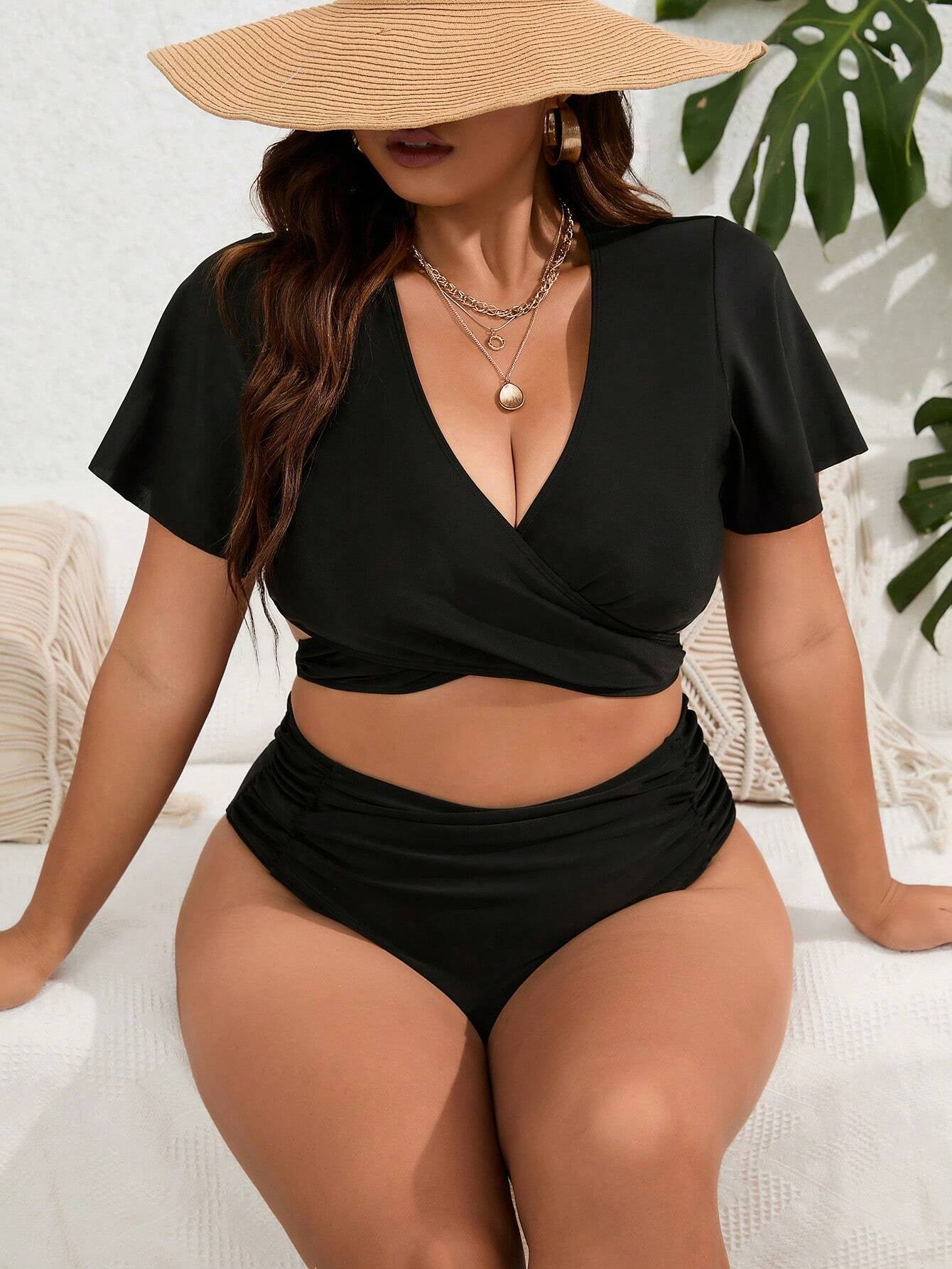 Swim Curve Summer Beach plus Size Solid Ruched Bikini Set