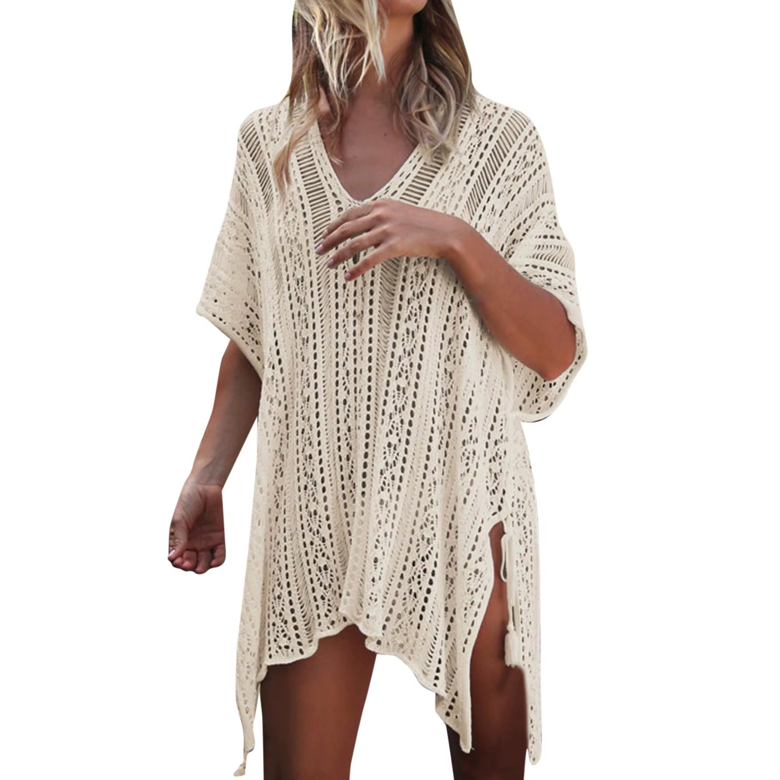 Women'S Swimwear Crochet Lace Beach Cover up Bikini Swimsuits Knitted Cover up Dress Womens Swimsuit V Neck Side Split Beachwear