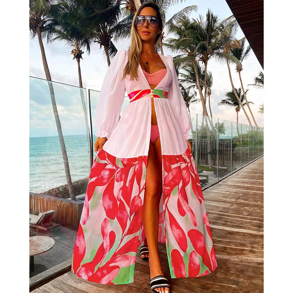 Leaves Print Bikini Beach Cover up Tunics for Beach Long Kaftan Bikini Cover up Robe De Plage Sarong Beach Swimsuit Cover-Ups