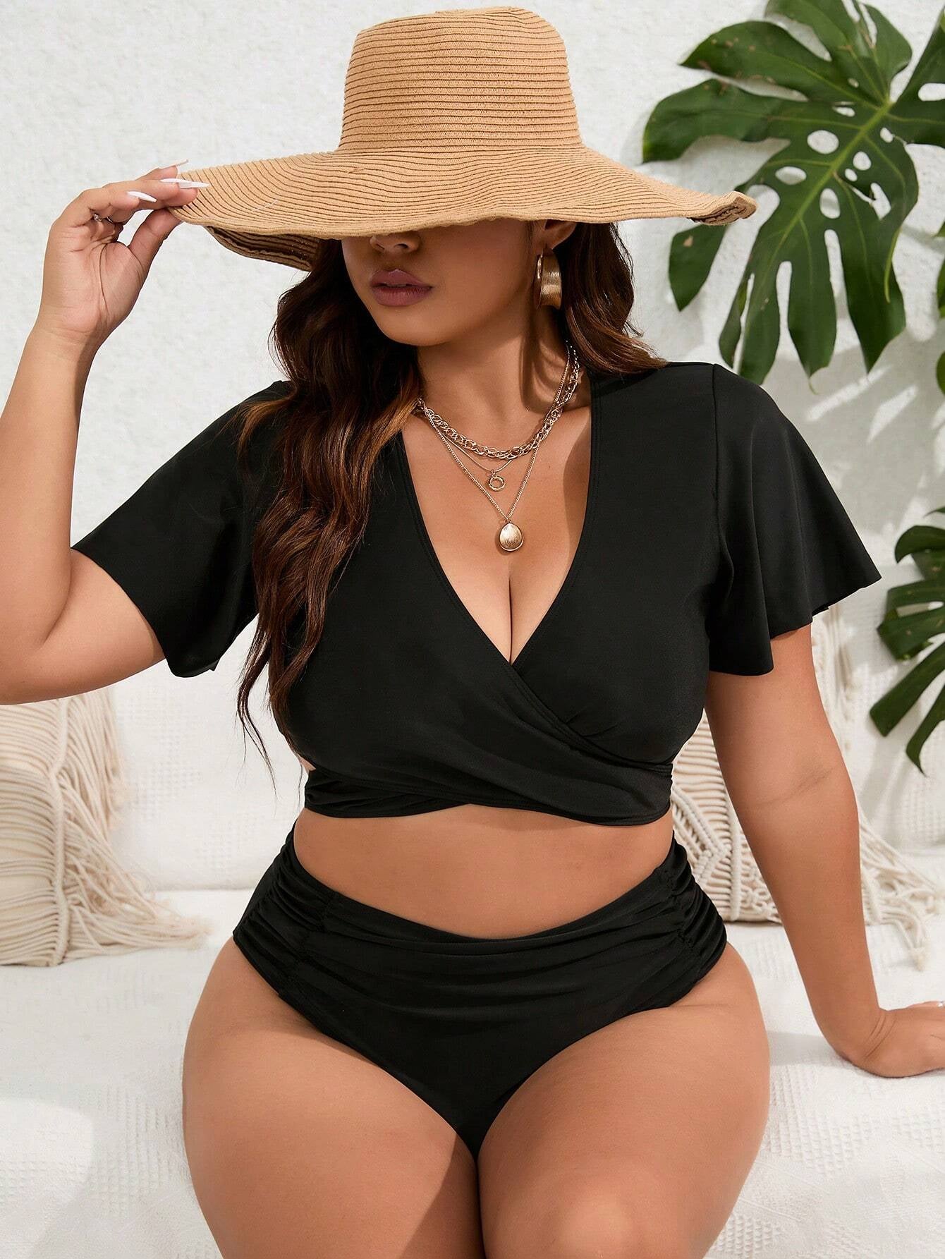 Swim Curve Summer Beach plus Size Solid Ruched Bikini Set