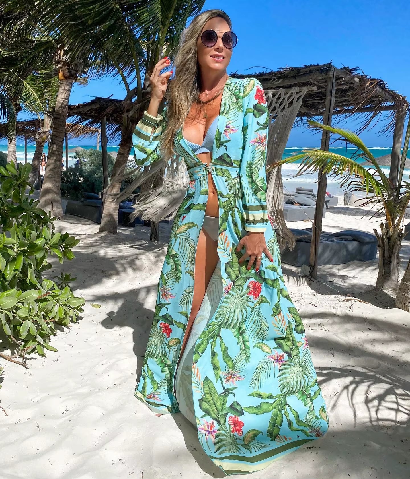 Leaves Print Bikini Beach Cover up Tunics for Beach Long Kaftan Bikini Cover up Robe De Plage Sarong Beach Swimsuit Cover-Ups