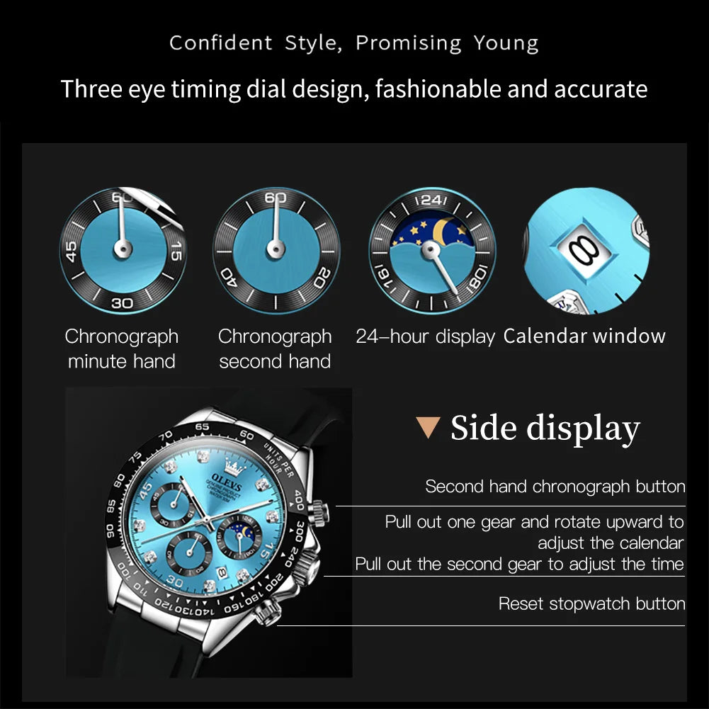 Men'S Watch Classic Lunar Phase Silicone Diamond Waterproof Luminous Quartz Watch Fashion Timing Code Watch Men'S Watch