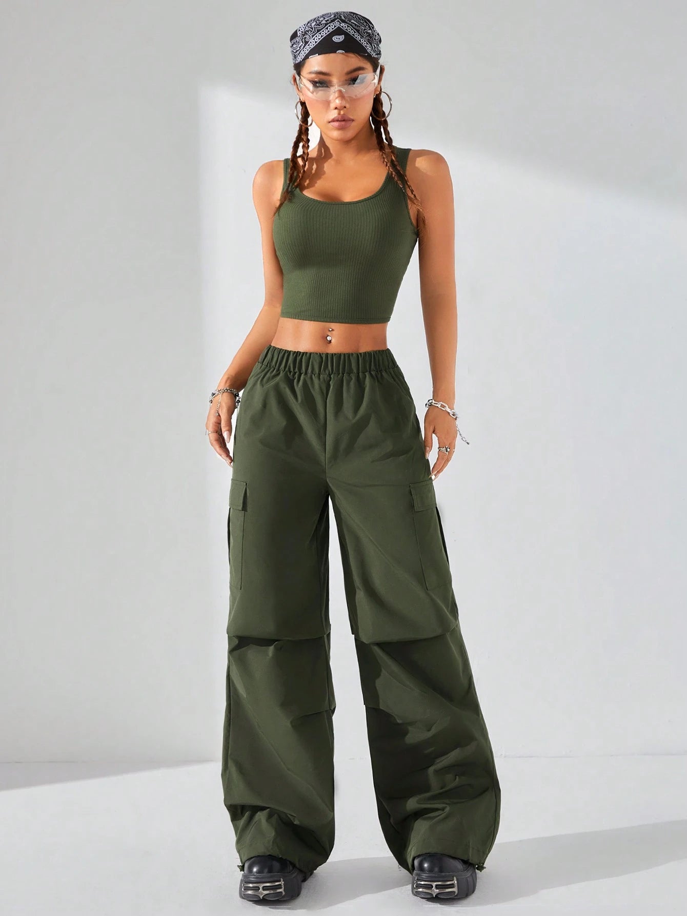 Coolane 2Pcs/Set Women Summer Fashion Streetwear Hollow Back Tank Top and Parachute Cargo Pants,Summer Sets,Back to School Clothes