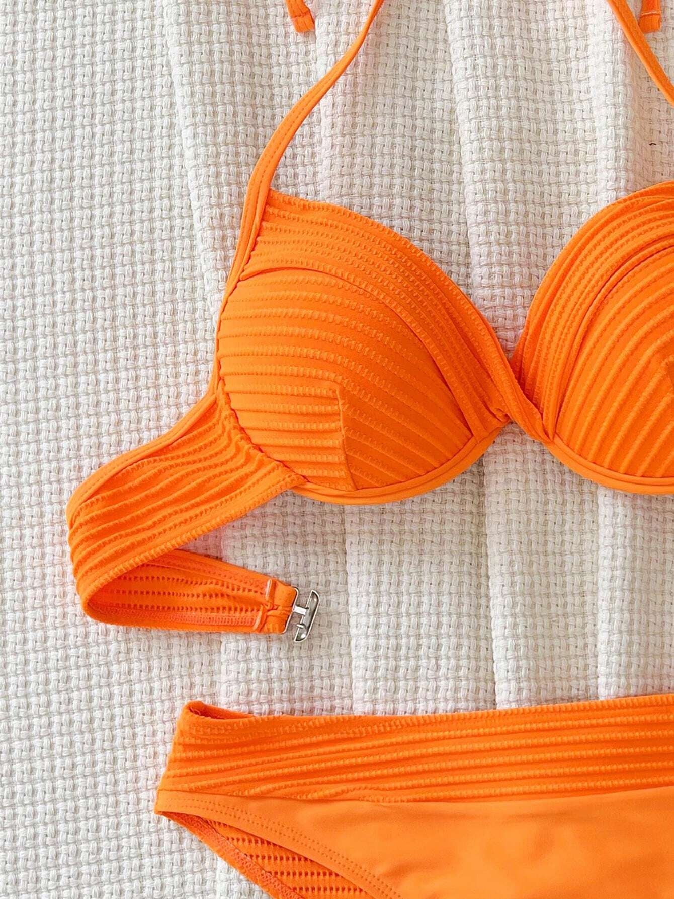 Swim Holiday Solid Texture Separates Bikini Set with PUSH up and Underwire, Summer Beach